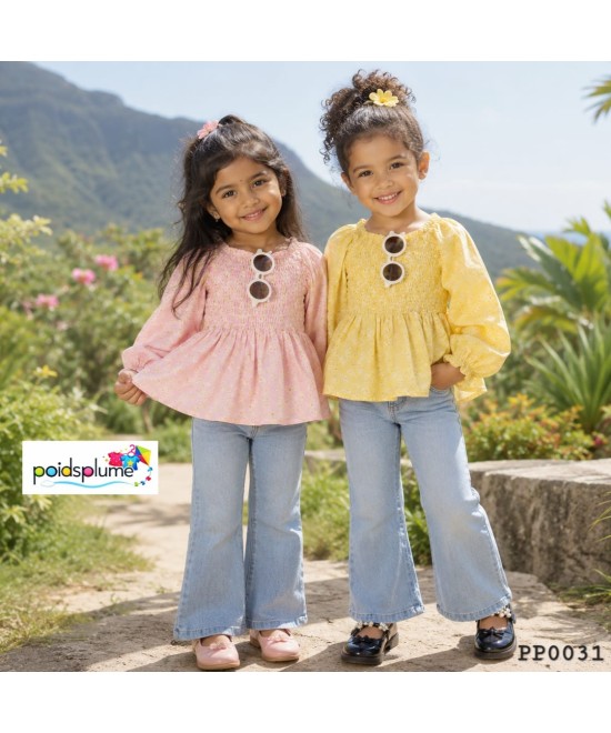 Ensemble jean & blouse fleurie jaune
